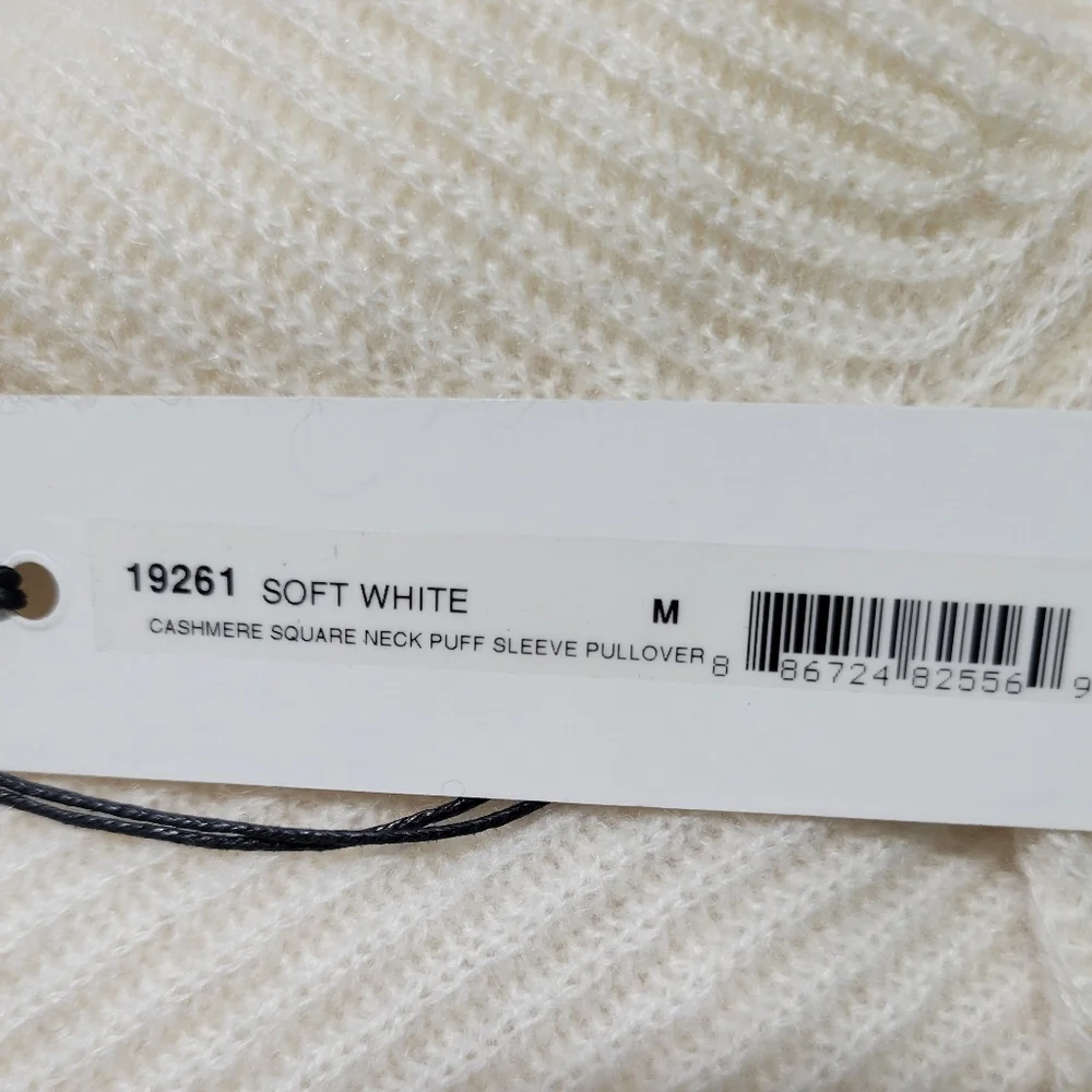 White + Warren Cashmere Soft White Square Neck Puff Sleeve Pullover NWT - Picture 4 of 5